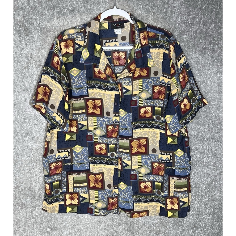 Vintage Stunt Hawaiian Floral Button Up Loop Collar Top Womens Sz 1X Blue Beige